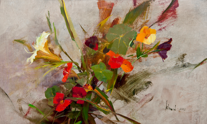 Lily & Nasturtiums © by Richard Schmid, 12x20 oil painting Lily & Nasturtiums oil painting
